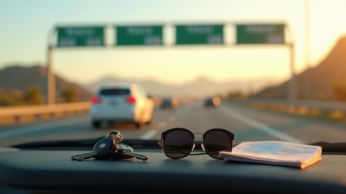 Passport, car keys and documents on a dashboard at a Mexican border checkpoint