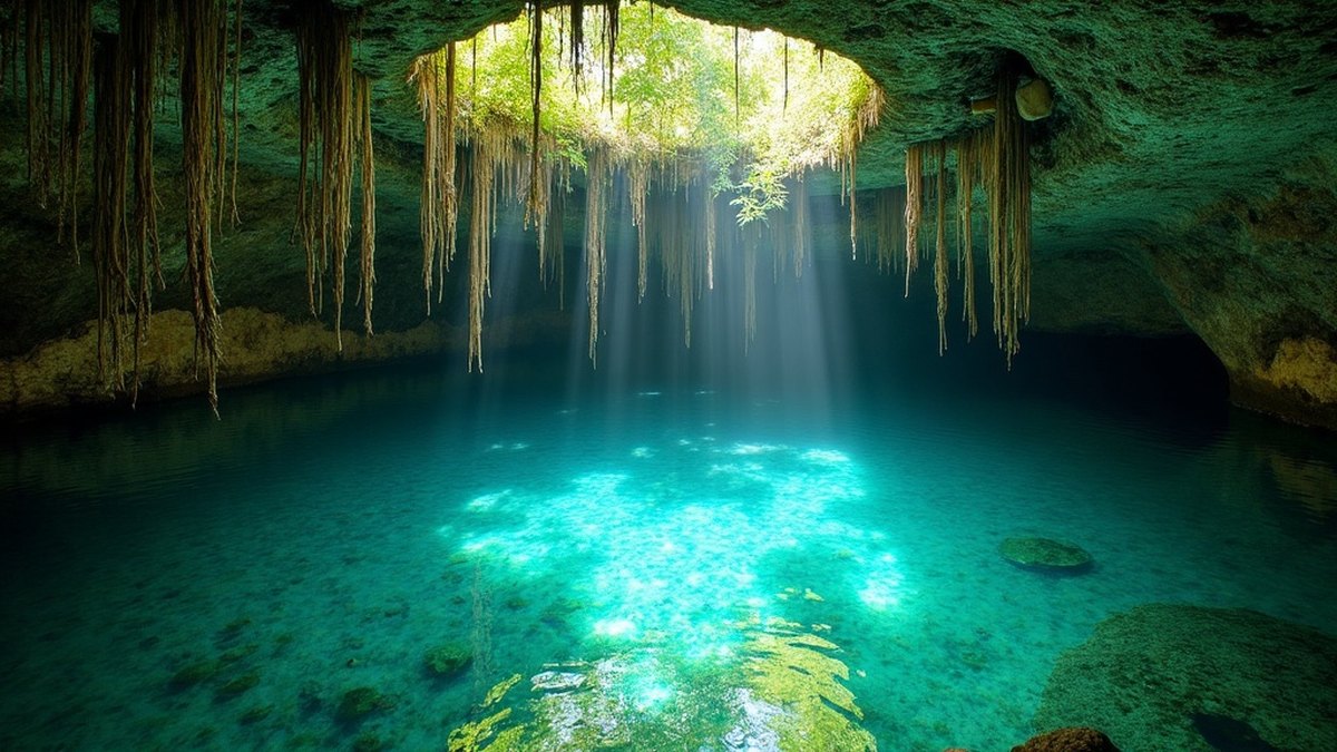 Natural cenote with crystal-clear turquoise water and hanging roots in the Yucatan jungle