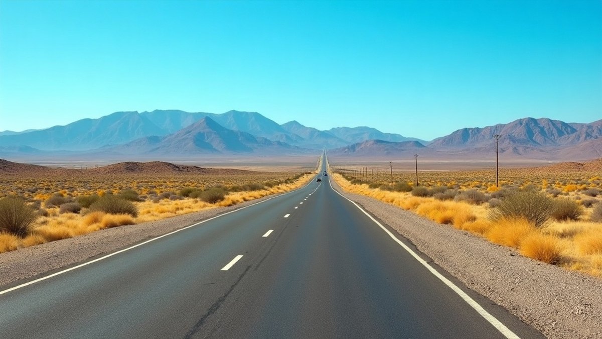 Open multi-lane toll highway crossing dry northern Mexico scrubland toward mountains