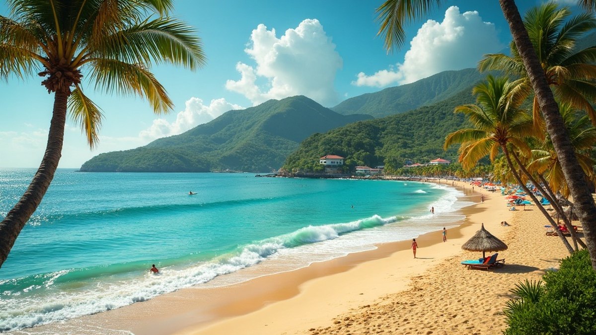 Colorful bohemian surf-town beach with palm trees and gentle waves in Sayulita, Nayarit