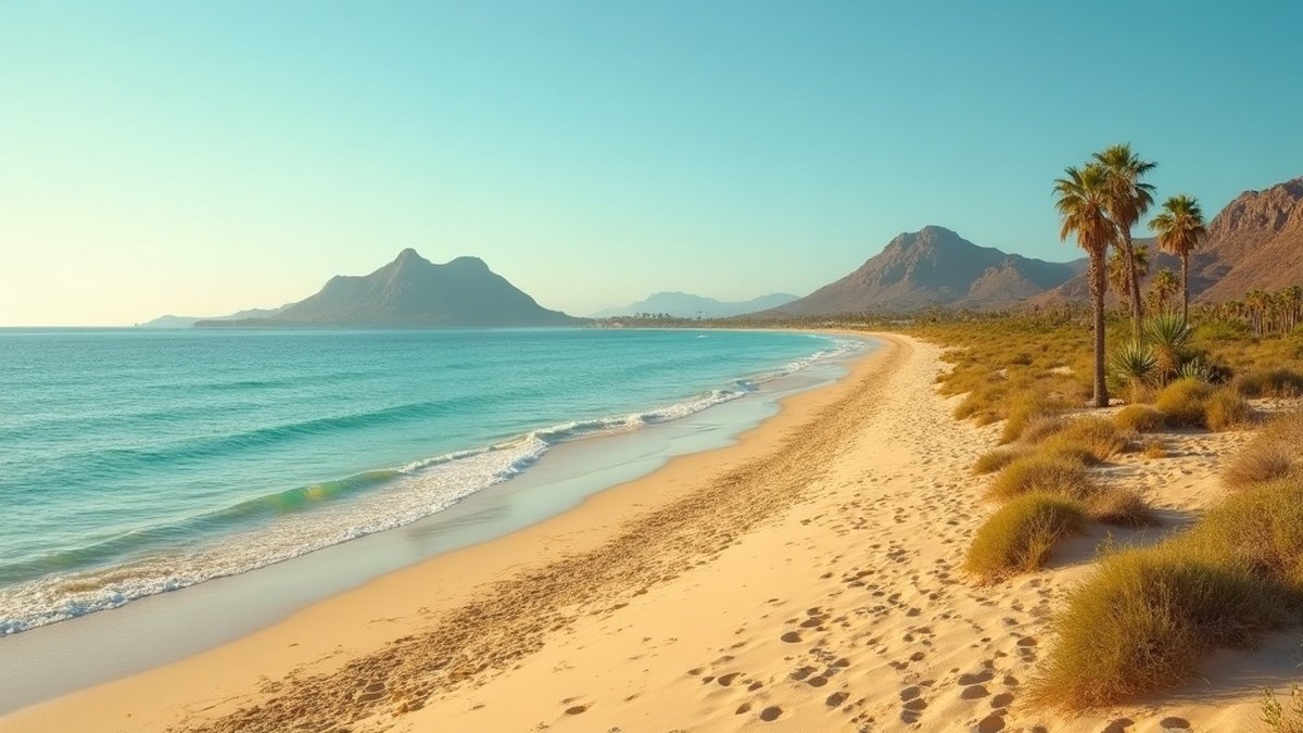 Driving to Bahia de Kino: Sonora's Quiet Sea of Cortez Beach 1 Calm Sea of Cortez beach with golden sand and a large rugged island offshore at Bahia de Kino