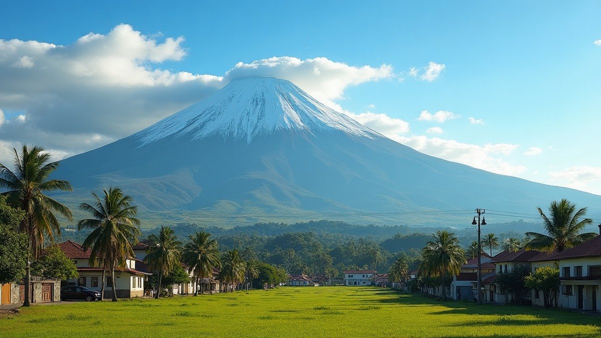 Green valley town with a snow-dusted volcano rising behind it in Colima, Mexico