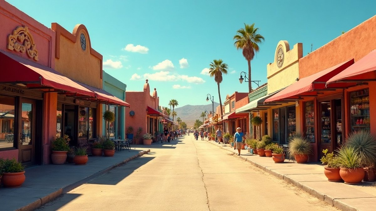 Sunny small Mexican border town street with shops and awnings in Los Algodones