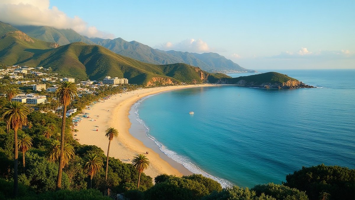 Curved golden-sand Pacific bay with palm trees and low-rise resorts at Manzanillo