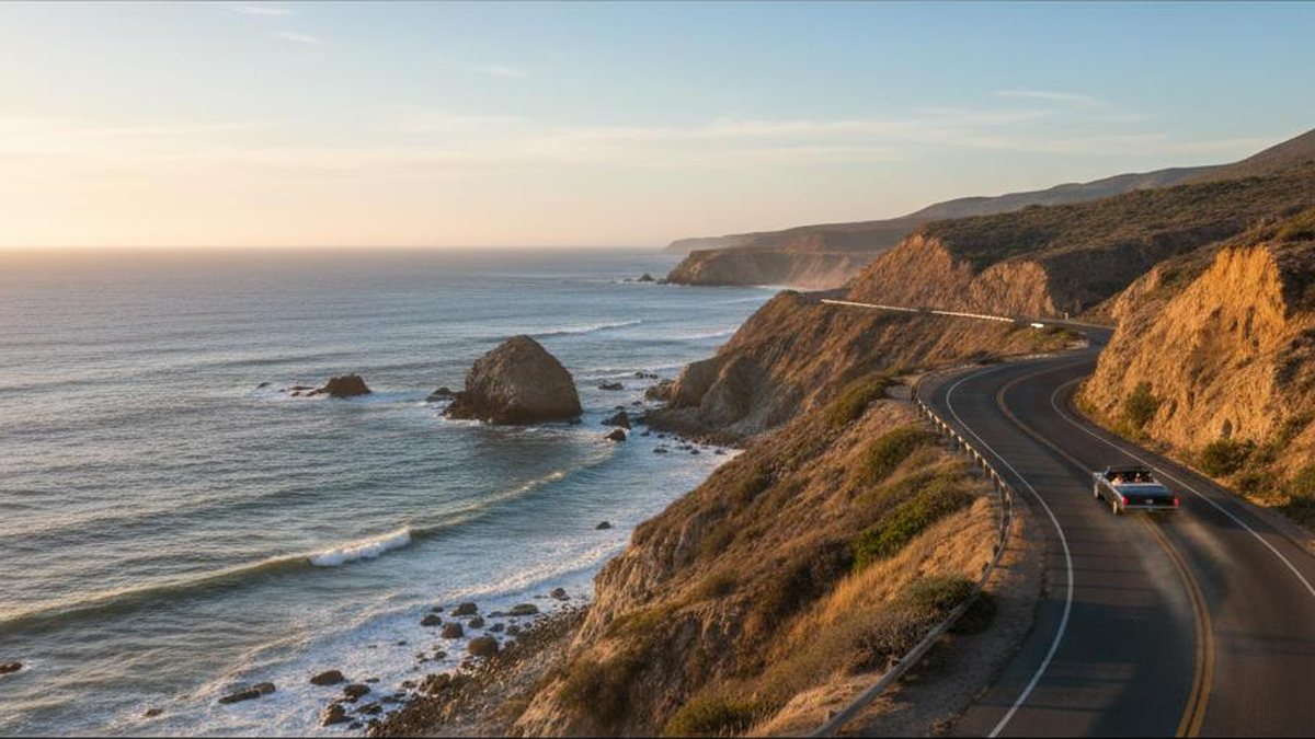 Driving to Mexico from San Diego: The Complete 2026 Guide 1 Car driving the scenic Baja California coastal highway from San Diego into Mexico at golden hour