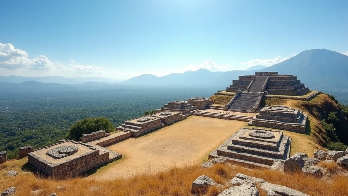 Ancient hilltop stone pyramids and plazas overlooking a green valley at Monte Alban