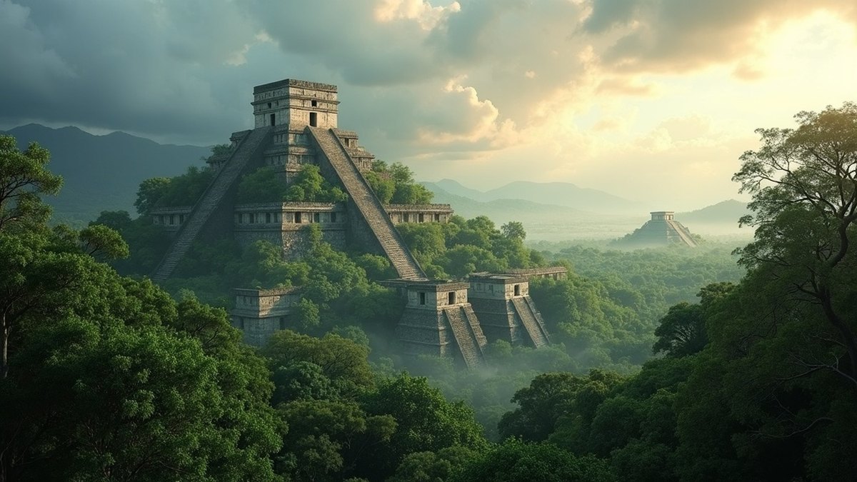 Ancient Maya stone temples and a stepped pyramid emerging from dense green jungle at Palenque