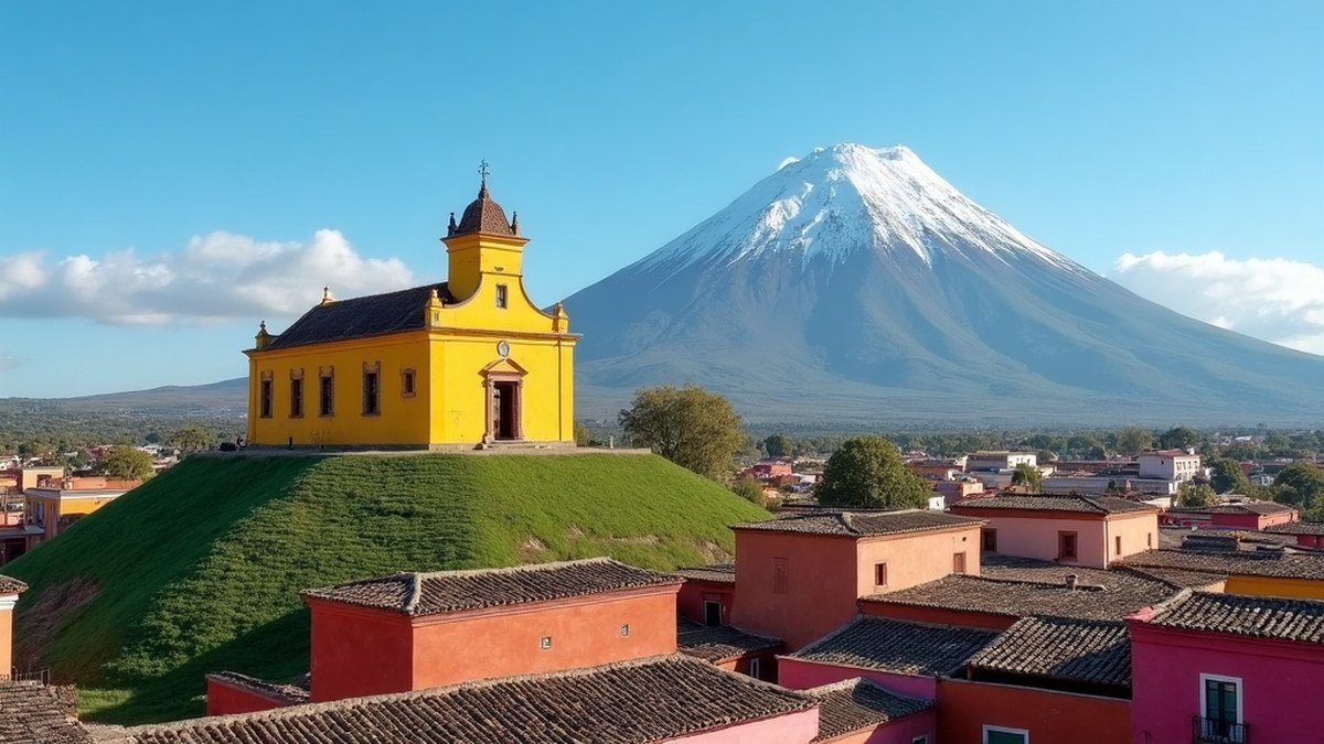 Driving to Puebla and Cholula: The Day Trip From Mexico City 1 Domed church atop the grassy Cholula pyramid with a snow-capped volcano behind