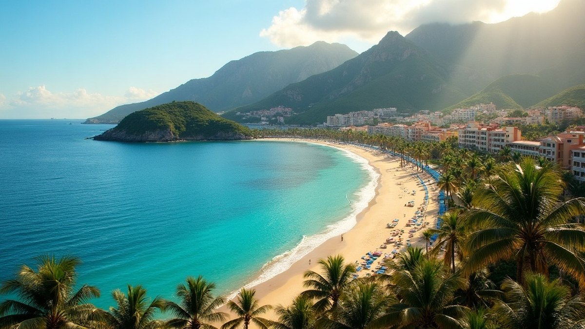 Driving to Puerto Vallarta: The Pacific Coast Leg Through Nayarit 1 Sunny Pacific resort bay with a curved beach and green mountains at Puerto Vallarta