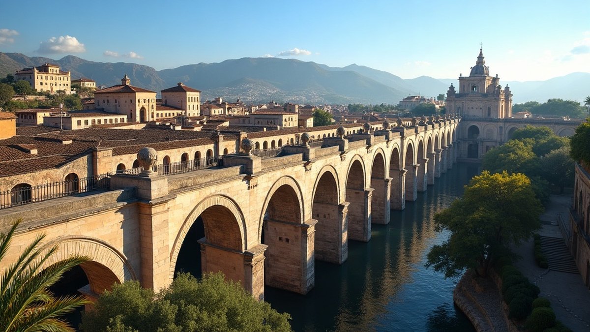 Elegant colonial city with a long stone aqueduct of tall arches in Queretaro, Mexico