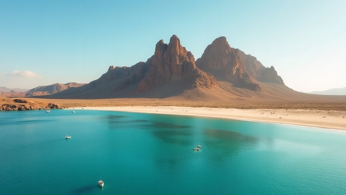 Turquoise bay on the Sea of Cortez with the twin-peaked Tetakawi mountain at San Carlos