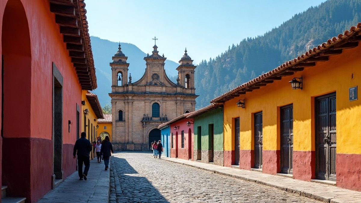 Colorful highland colonial town with cobblestone streets and pine mountains in San Cristobal de las Casas