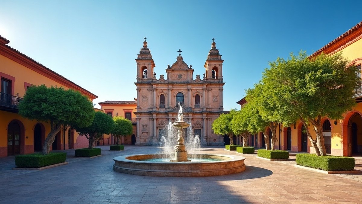 Elegant colonial plaza with a baroque cathedral and fountains in San Luis Potosi