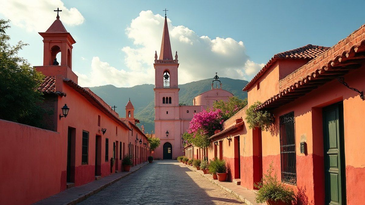 Aguja rosa de iglesia neogótica elevándose sobre techos de terracota en San Miguel de Allende