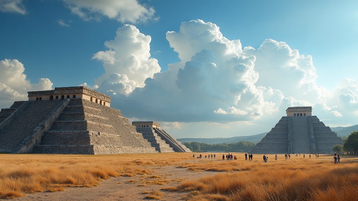 Ancient stepped stone pyramid and avenue of ruins under a blue sky at Teotihuacan