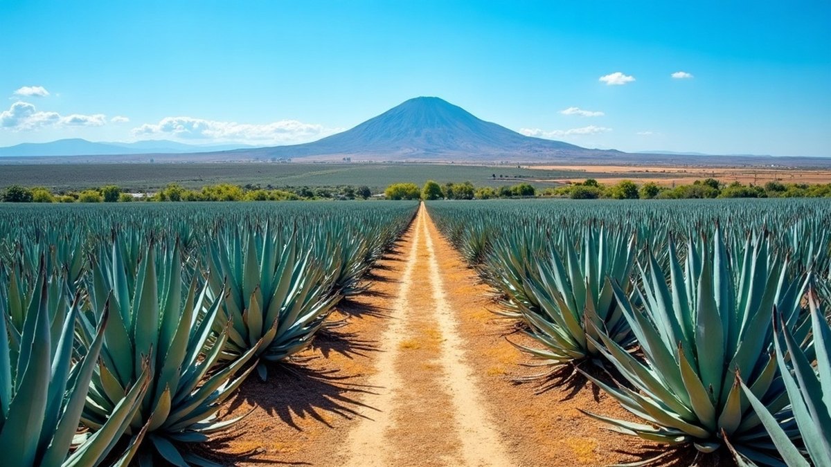 Vast blue-green agave fields stretching toward a volcano in Tequila, Jalisco