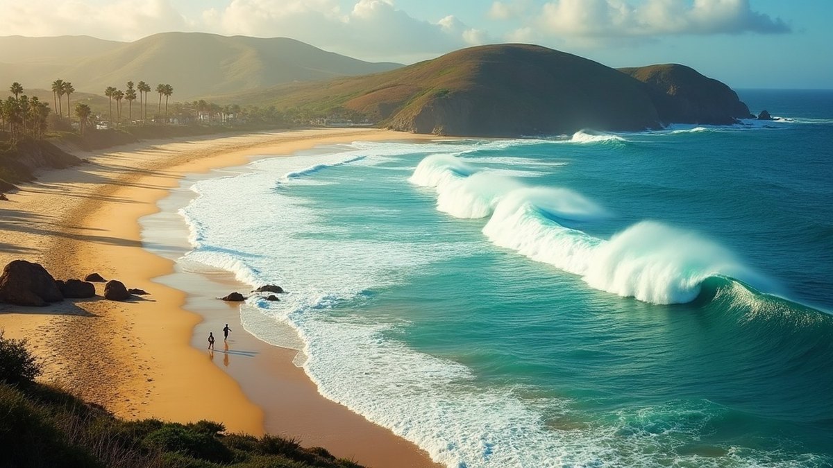 Dramatic Pacific surf beach with big turquoise waves and palm-lined headlands on the Oaxaca coast
