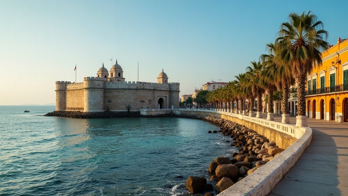 Historic Gulf coast city waterfront with an old stone fort and palm-lined promenade in Veracruz