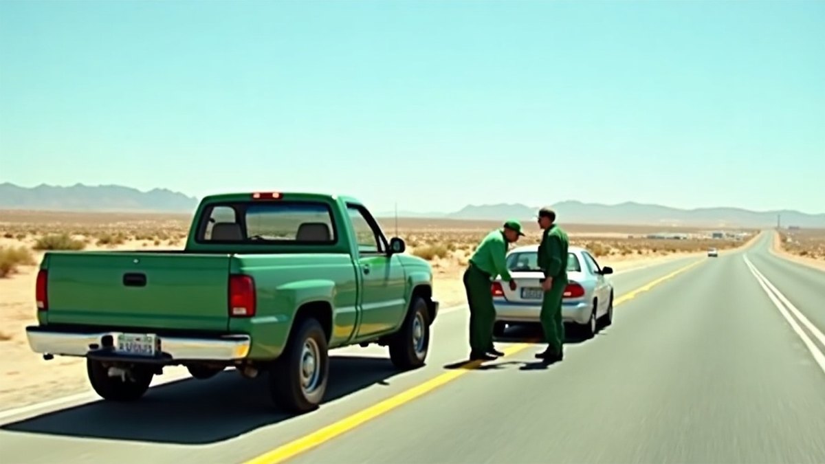 Green roadside assistance truck helping a stopped car on a Mexican highway