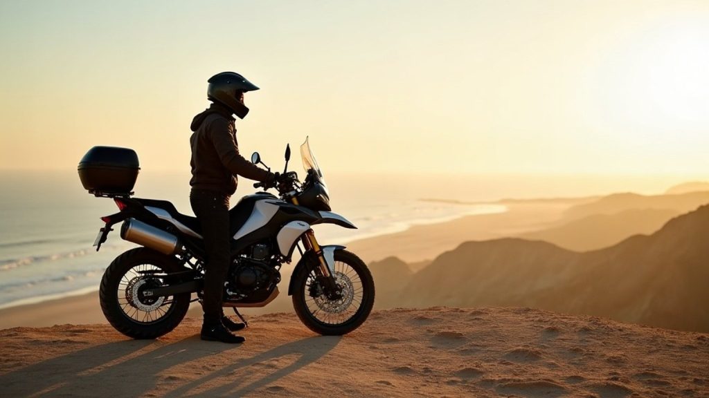 Motorcyclist with touring bike in Baja