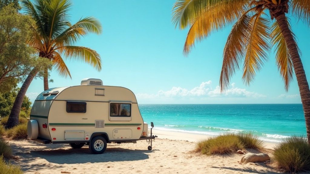 Travel trailer at a Mexican beach campsite