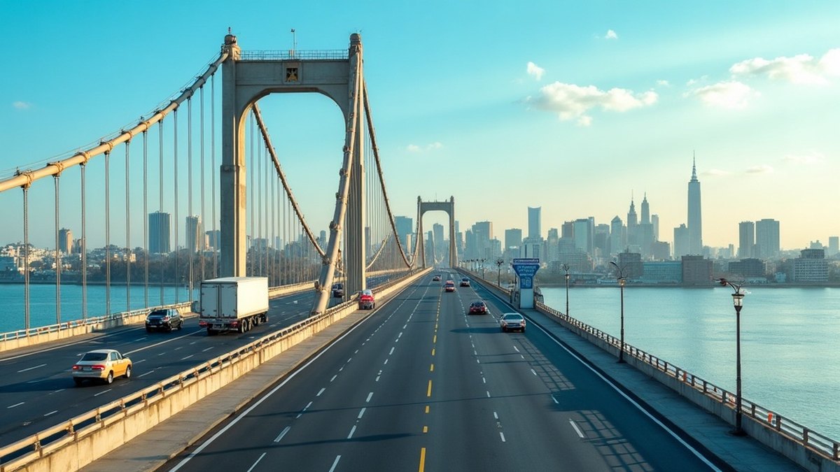 Wide multi-lane international bridge spanning a river between two border cities at Laredo