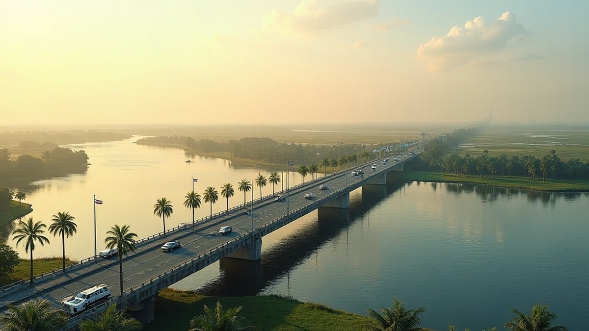 The Lower Rio Grande Crossings: McAllen-Reynosa and Brownsville-Matamoros 1 Low international bridge over a wide river in a flat green delta landscape with palms