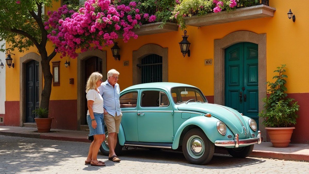 Pareja relajada junto a su auto afuera de una colorida casa colonial mexicana