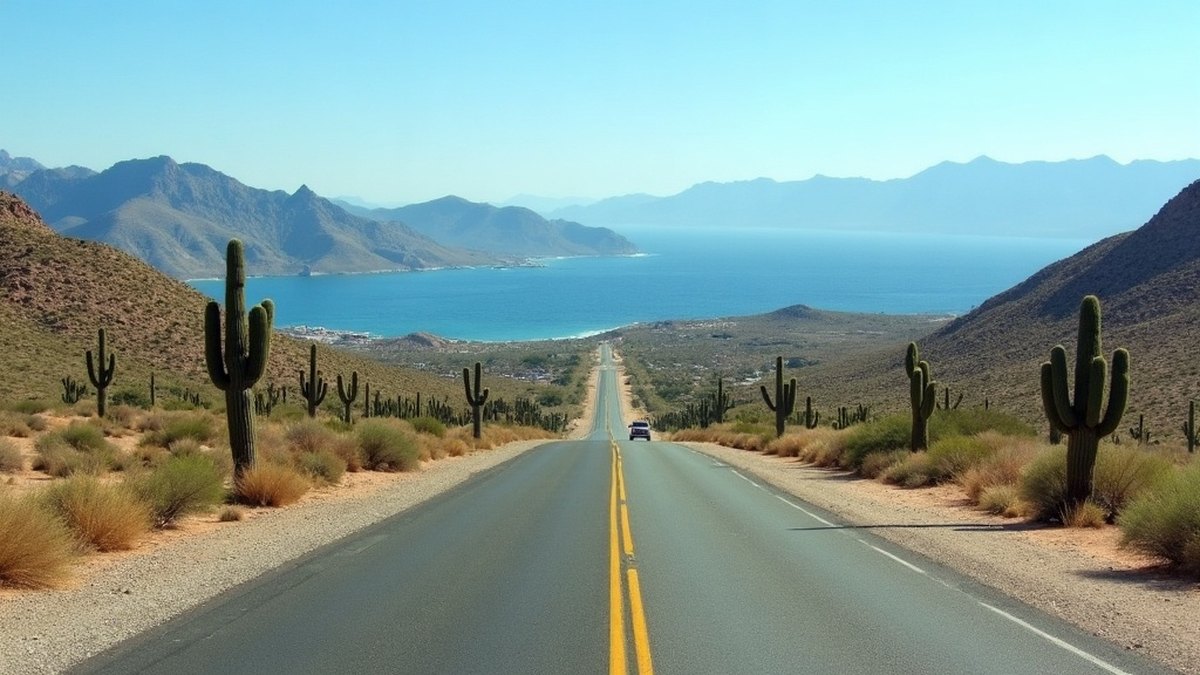 Open Sonoran desert highway curving toward the distant blue Sea of Cortez
