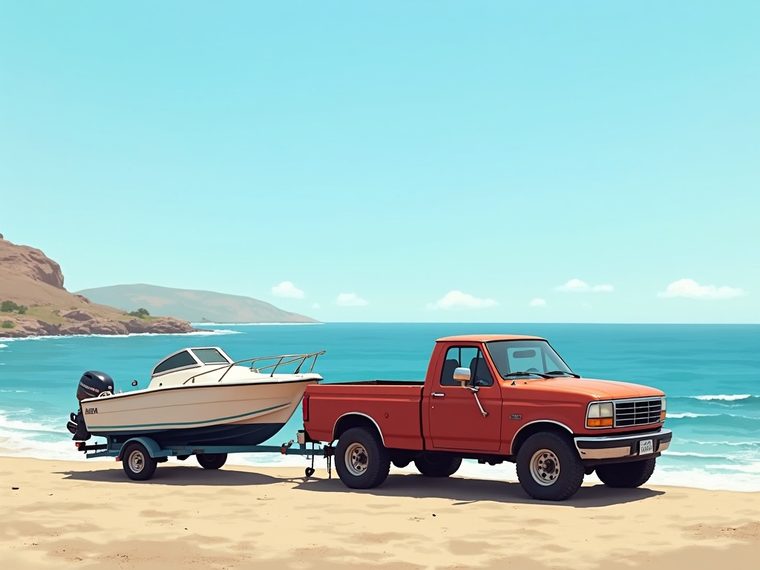 Boat on a trailer beside the ocean in Baja California
